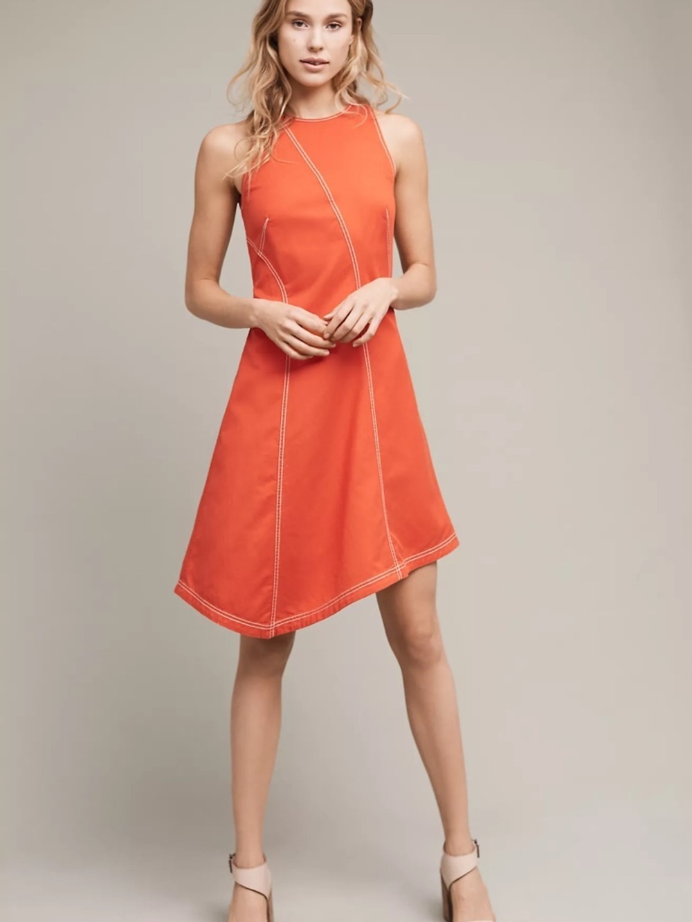 Anthropologie Maeve Bileu Orange Asymmetrical Stitch-Detail Sleeveless Dress | 0